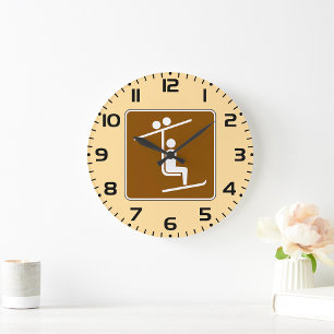 Skilift-Symbol Rustikales Wintersport-Ikon Große Wanduhr
