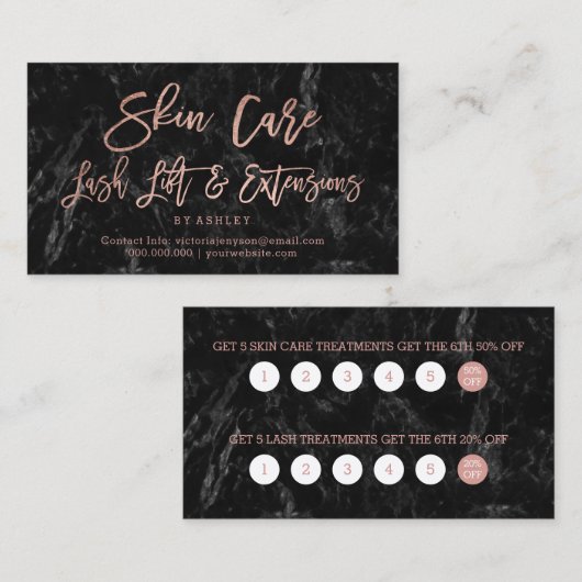 Skin care lash rose gold script black marble treuekarte (Vorne/Hinten)