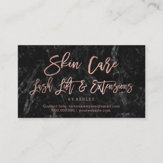 Skin care lash rose gold script black marble treuekarte (Vorderseite)