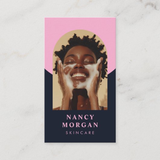 Skincare Arch Foto QR Code rosa und Marine Visitenkarte (Vorderseite)
