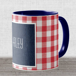 Skinny Schriftart Drk Blue Denim Red White Gingham Tasse