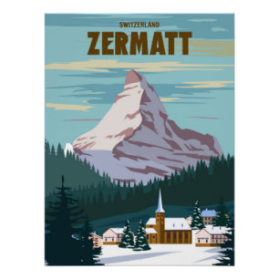 Skiort Zermatt, Retro, Alpes Winter Poster