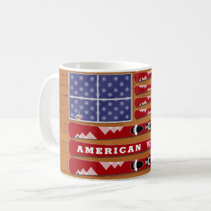 Skis and Snowflakes USA Flag mit Holzwall Kaffeetasse