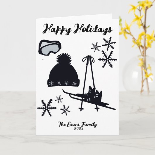 Skis, hat, boots & goggles Christmas Karte (Gelbe Blume)