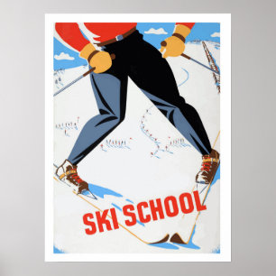 Skischule, Mann auf Skiern, Vintage-Reiseposter Poster