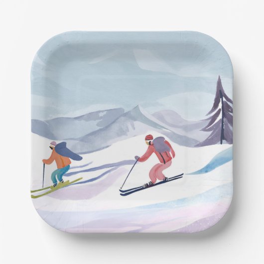 Skitag | Wasserfarben-Winterberg Pappteller (Vorderseite)