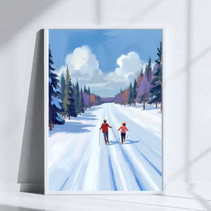 Skiweg   Bergskifahren Wasserfarbe Winter Poster