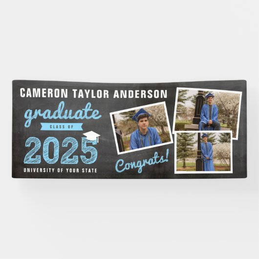 Skizze 2025 Chalkboard 3 Foto Collage Grad Party Banner (Horizontal)
