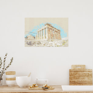 Skizze der Akropolis Hill in Athen, Griechenland Poster