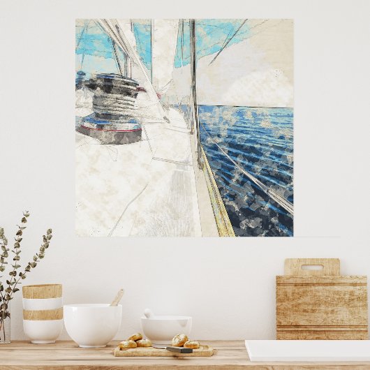 Skizze des Segelschiffes, das durch das Meer surft Poster (Küche)