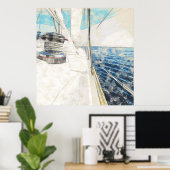 Skizze des Segelschiffes, das durch das Meer surft Poster (Heimbüro)