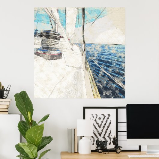 Skizze des Segelschiffes, das durch das Meer surft Poster (Heimbüro)