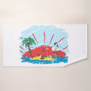 Skizze einer Schatzinsel und Piratenschiff Badhandtuch Set