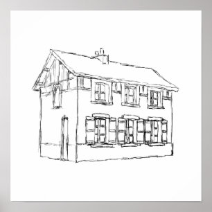 Skizze eines alten Hauses, mit Fensterläden Poster