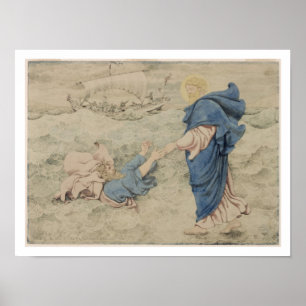 Skizze von Christus gehend auf Wasser (w/c auf Poster