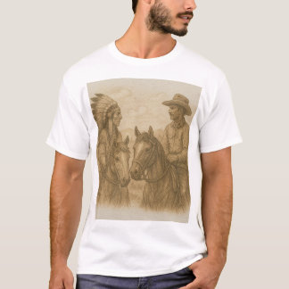 Skizze von Indianern und Cowboy auf Pferden T-Shirt