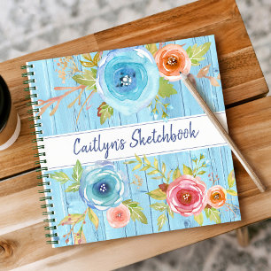 Skizzenbuch blaue Holz-Wasserfarbe florale Schrift Notizblock