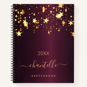 Skizzenbuch burgunderrote goldene Sterne Name Notizblock