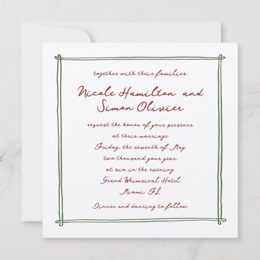 Skizzierrahmen Grüne Whimsikhandgezeichnete Hochze Einladung (Vorderseite)