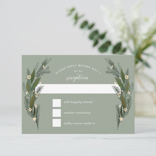 Skizzierte Blume Blätter Greenery Sage Wedding RSVP Karte (Stehend Vorderseite)
