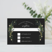 Skizzierte Blume Blätter Grüne Schwarze Hochzeit RSVP Karte (Stehend Vorderseite)