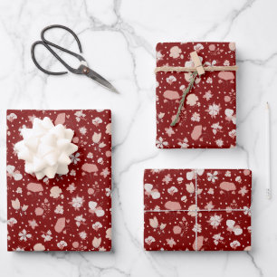 Skizzierte Blumen auf Dunkelrot Geschenkpapier Set