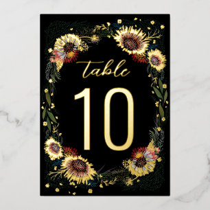 Skizzierte Blumen Boho Schwarz Goldfolie Tischnumm Folieneinladung