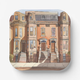 Skizzierte Brownstones | Boston Streetmalerei Pappteller