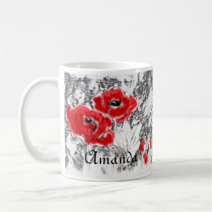 Skizzierte handgezeichnete rote Mohnblumen Blumen Kaffeetasse