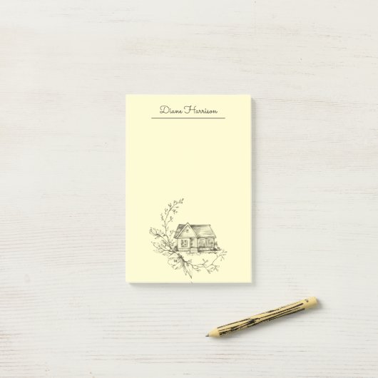 Skizzierte Hütte Post-it Klebezettel (Auf Schreibtisch)