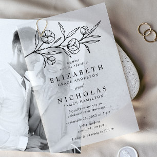 Skizzierte schwarze florale Hochzeit Pergament Einladungen