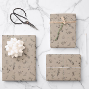 Skizzierte Wildblumen auf Hellbraun Geschenkpapier Set