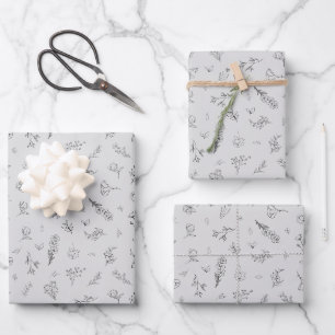 Skizzierte Wildblumen auf Hellgrau Geschenkpapier Set