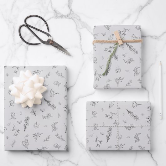 Skizzierte Wildblumen auf Hellgrau Geschenkpapier Set (Vorderseite)