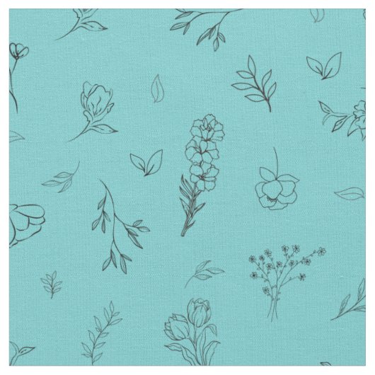 Skizzierte Wildblumen auf Hellteal Stoff (Nahaufnahme)
