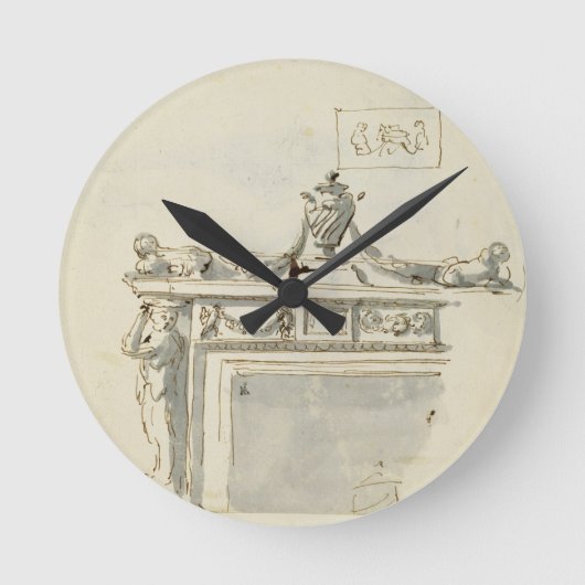 Skizzierter Entwurf für einen Kamin (Stift u. Runde Wanduhr (Vorderseite)