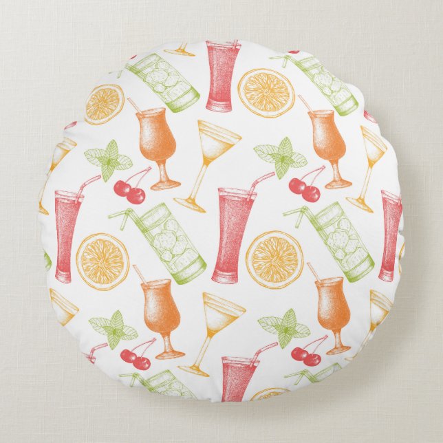 Skizziertes Cocktail-Muster Rundes Kissen (Vorderseite)