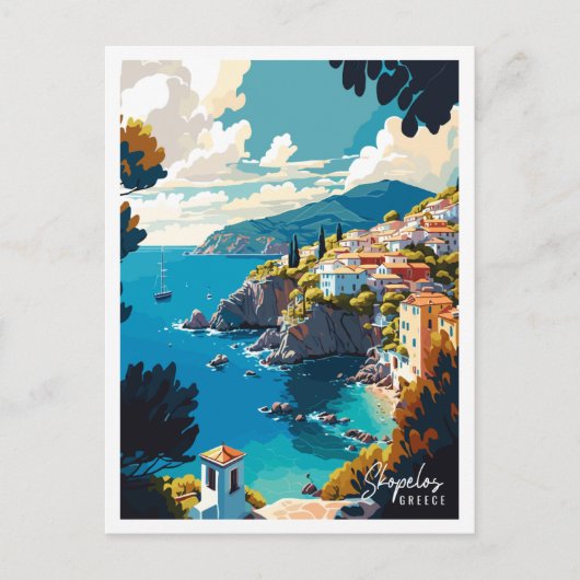Skopelos Griechenland Vintage-Illustration Postkarte (Vorderseite)