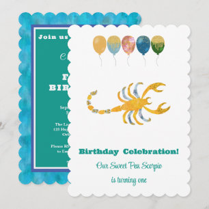 Skorpion 1. Geburtstag Impressionist Gold Glitter Einladung