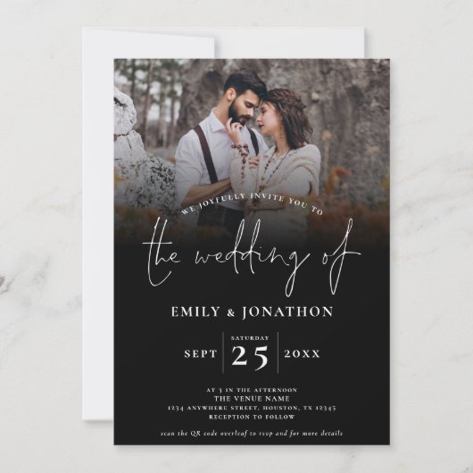 Skript 2 Fotos Overlay QR-Code Hochzeiten Schwarz Einladung (Vorderseite)