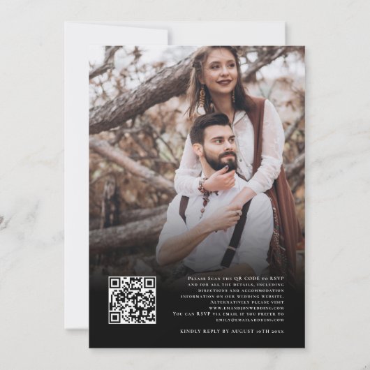 Skript 2 Fotos Overlay QR-Code Hochzeiten Schwarz Einladung (Rückseite)