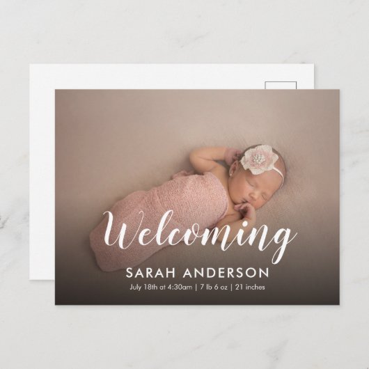 Skript Begrüßendes Baby-Foto Ankündigungspostkarte (Vorne/Hinten)