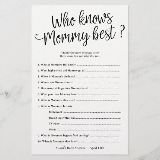 Skript, das die Mama Best Shower Game Card kennt (Vorderseite)