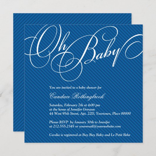 Skript-Diagonals in Cobalt Baby Dusche Einladung (Vorne/Hinten)