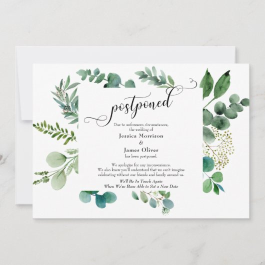 Skript Eukalyptus Postponed Wedding Card Einladung (Vorderseite)