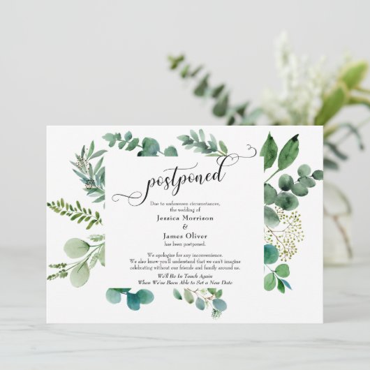 Skript Eukalyptus Postponed Wedding Card Einladung (Stehend Vorderseite)
