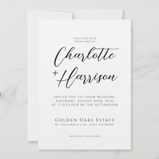 Skript-Foto Hochzeit Embossed Linen Texture Einladung (Vorderseite)
