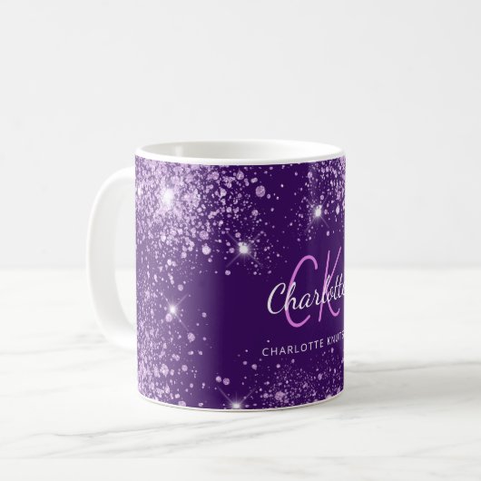 Skript für lila Glitzer-Monogramm-Initialen Kaffeetasse (Vorderseite Links)