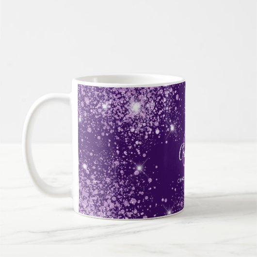 Skript für lila Glitzer-Monogramm-Initialen Kaffeetasse (Links)