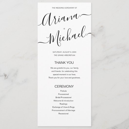 Skript für Minimalistische Schwarz-Weiß-Hochzeiten Programm (Vorderseite)